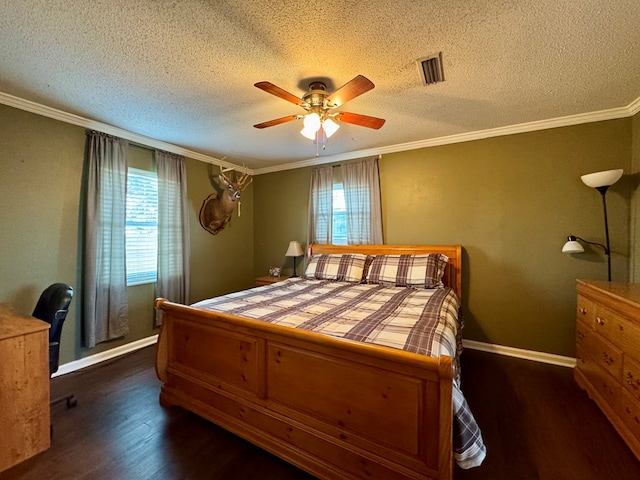 bedroom with dark hardwood / wood-style flooring, multiple windows, crown molding, and ceiling fan