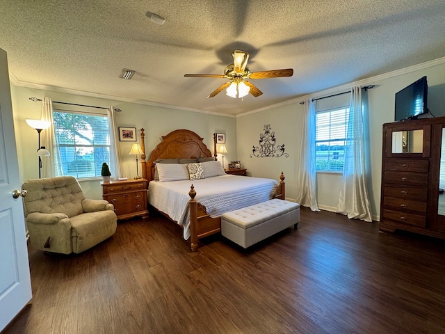 bedroom featuring multiple windows, a textured ceiling, dark hardwood / wood-style floors, and ceiling fan