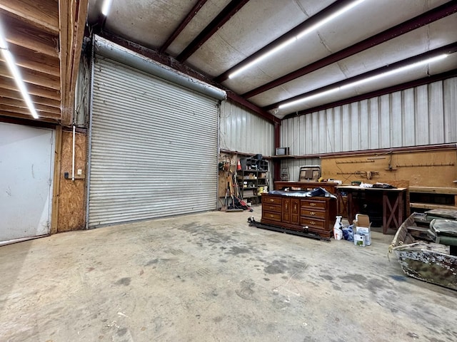 garage with a workshop area