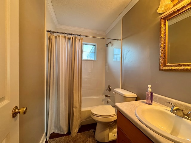 full bathroom featuring vanity, toilet, ornamental molding, a textured ceiling, and shower / tub combo