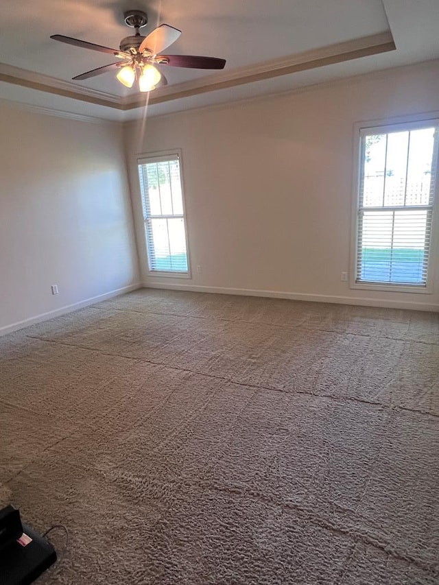 unfurnished room with plenty of natural light, ceiling fan, a raised ceiling, and carpet floors