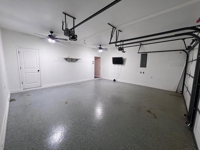 garage featuring ceiling fan, a garage door opener, and electric panel