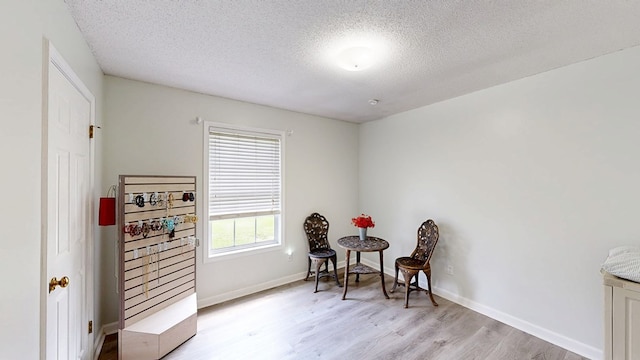 living area featuring light wood finished floors, a textured ceiling, and baseboards