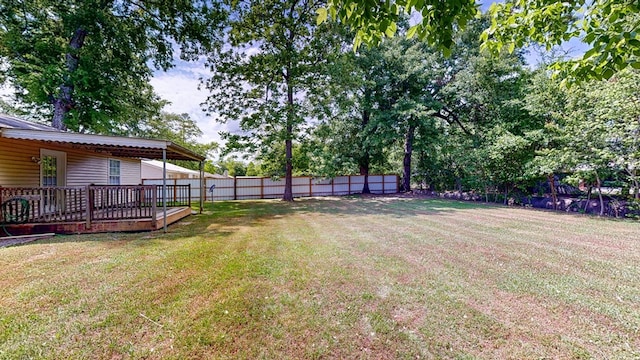view of yard with a fenced backyard and a wooden deck