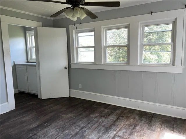 unfurnished room featuring dark wood-type flooring, ornamental molding, and a ceiling fan