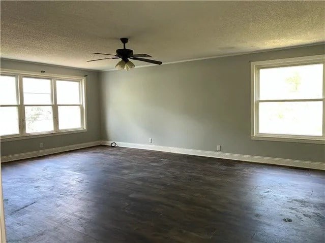spare room featuring a ceiling fan, dark wood finished floors, a textured ceiling, and a wealth of natural light
