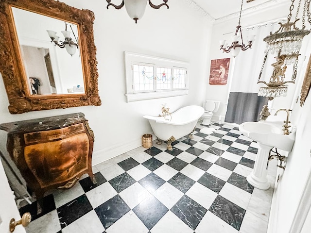 298 E Broad St, Ozark, AL 36360 - full bathroom with a soaking tub, baseboards, toilet, and curtained shower