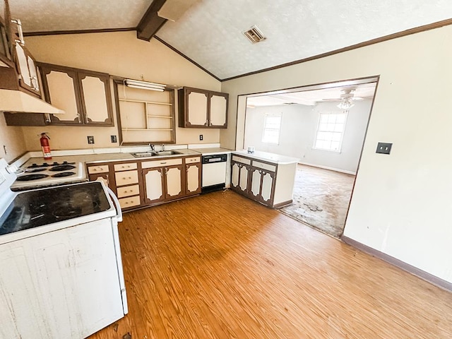 kitchen featuring white appliances, a peninsula, visible vents, under cabinet range hood, and light wood finished floors