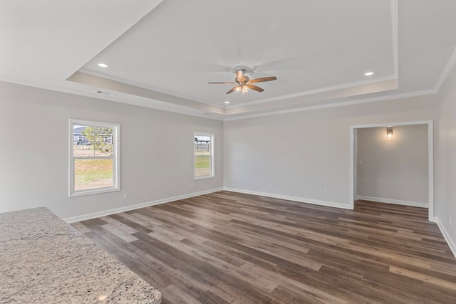 unfurnished room featuring dark hardwood / wood-style flooring and a tray ceiling