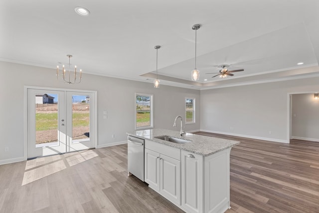 kitchen featuring white cabinetry, stainless steel dishwasher, a tray ceiling, and sink