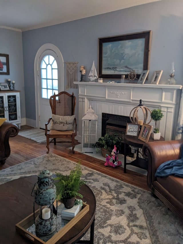 living room featuring a fireplace, wood-type flooring, and ornamental molding