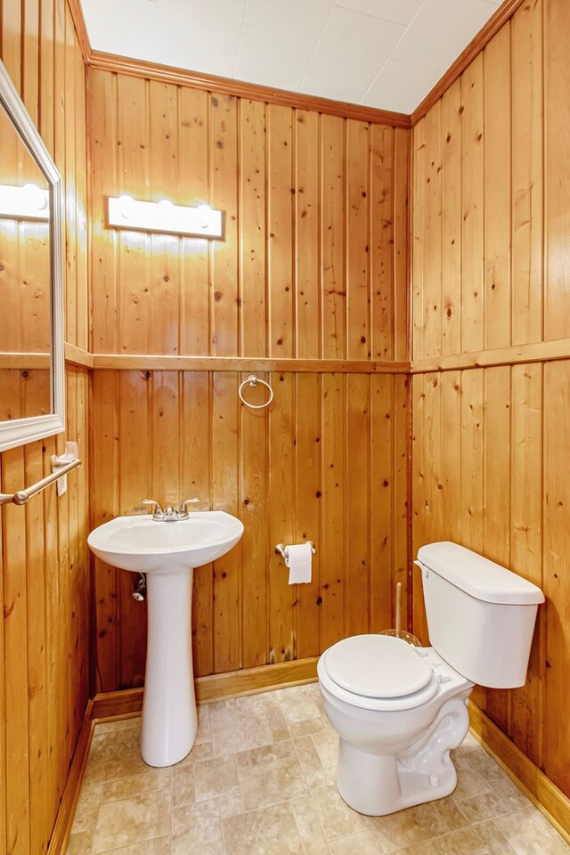 bathroom with toilet and wooden walls