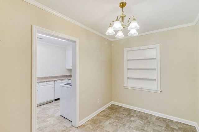 unfurnished dining area with built in features, ornamental molding, and an inviting chandelier