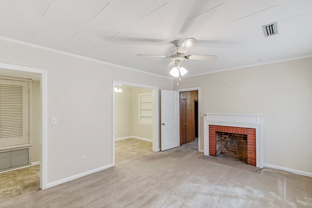 unfurnished living room with light carpet, ceiling fan, ornamental molding, and a brick fireplace