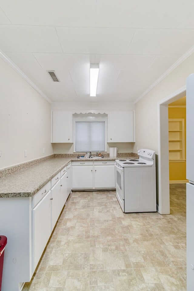 kitchen with white appliances, white cabinetry, crown molding, and sink