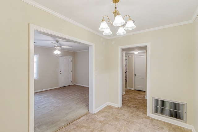 spare room with light colored carpet, ceiling fan with notable chandelier, and ornamental molding