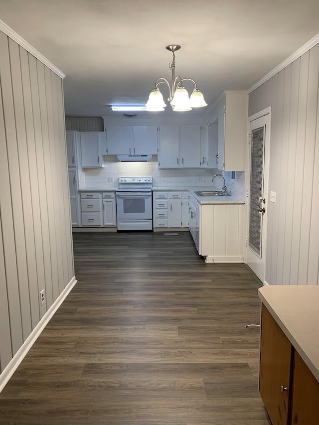 1109 Sumter St, Dothan, AL 36301 - kitchen featuring electric range, light countertops, a chandelier, ventilation hood, and crown molding