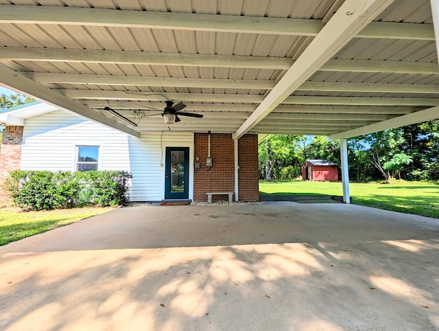 602 Cobb Rd, Dothan, AL 36301 - view of patio / terrace featuring a storage shed, ceiling fan, and a carport