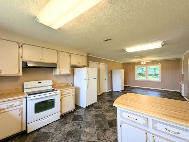 602 Cobb Rd, Dothan, AL 36301 - kitchen featuring white appliances, under cabinet range hood, light countertops, a textured ceiling, and ornamental molding