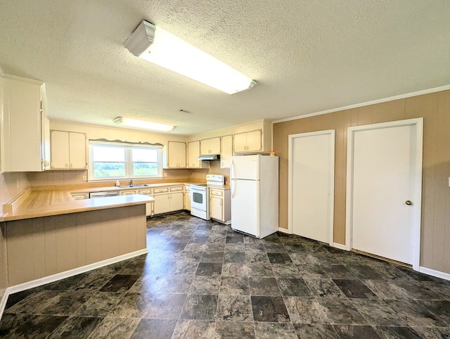 602 Cobb Rd, Dothan, AL 36301 - kitchen with white appliances, under cabinet range hood, a textured ceiling, a peninsula, and light countertops