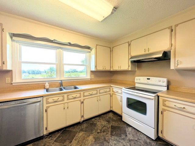 602 Cobb Rd, Dothan, AL 36301 - kitchen with stainless steel dishwasher, under cabinet range hood, electric stove, crown molding, and light countertops