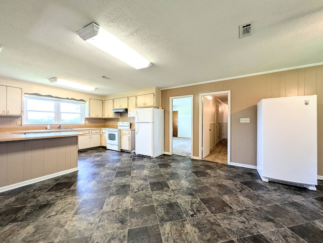 602 Cobb Rd, Dothan, AL 36301 - kitchen featuring white appliances, under cabinet range hood, light countertops, a textured ceiling, and crown molding
