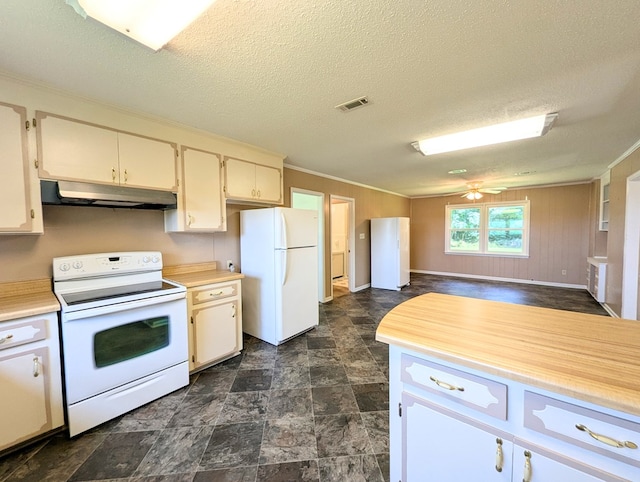 602 Cobb Rd, Dothan, AL 36301 - kitchen with white appliances, under cabinet range hood, light countertops, crown molding, and a textured ceiling