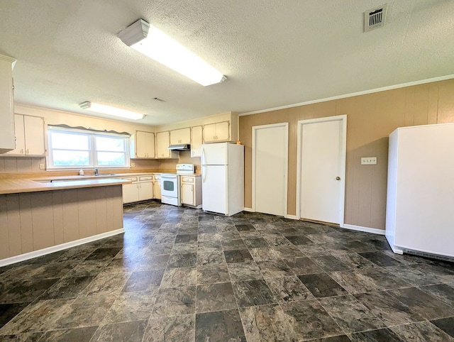 602 Cobb Rd, Dothan, AL 36301 - kitchen featuring white appliances, a textured ceiling, light countertops, under cabinet range hood, and a peninsula