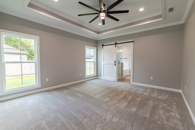 empty room featuring a tray ceiling, a barn door, crown molding, and plenty of natural light