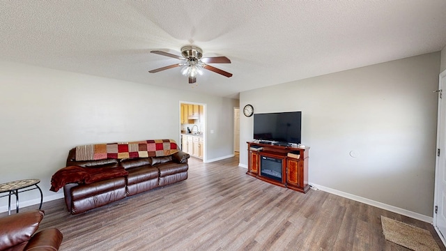 284 Alec Cir, Ozark, AL 36360 - living area featuring ceiling fan, wood finished floors, baseboards, a glass covered fireplace, and a textured ceiling