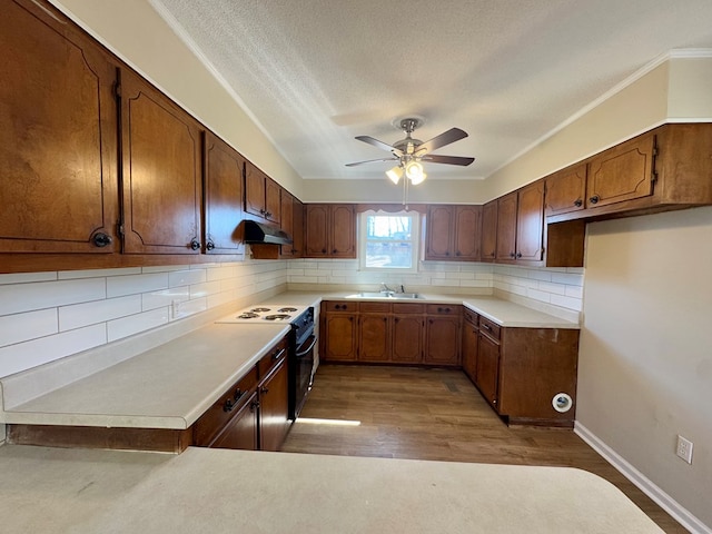 kitchen featuring black electric range oven, sink, hardwood / wood-style floors, tasteful backsplash, and a textured ceiling