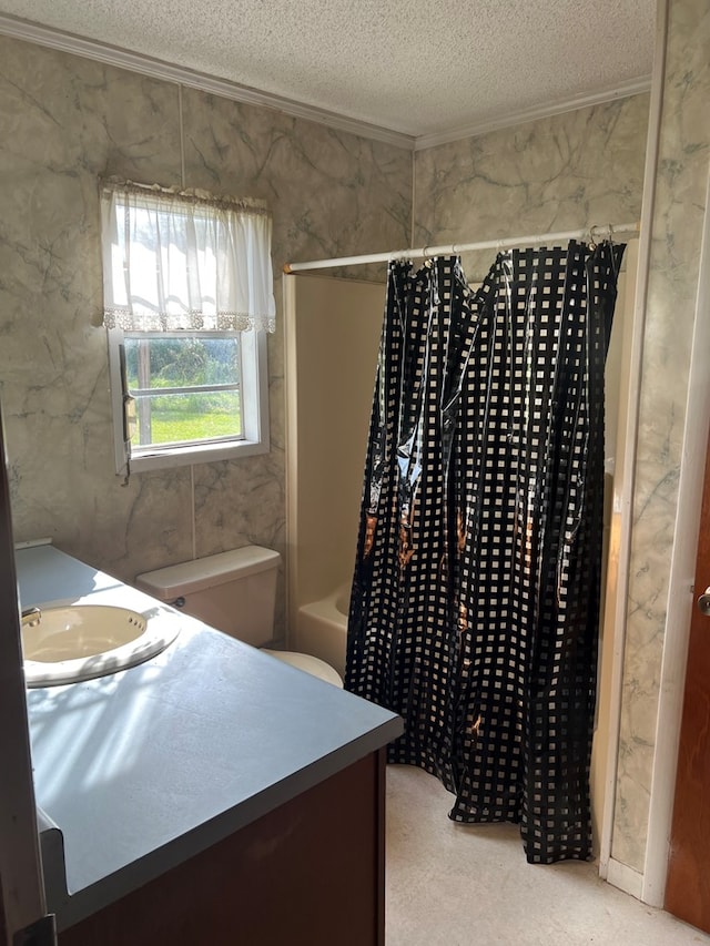 full bathroom with crown molding, vanity, a textured ceiling, and shower / tub combo with curtain