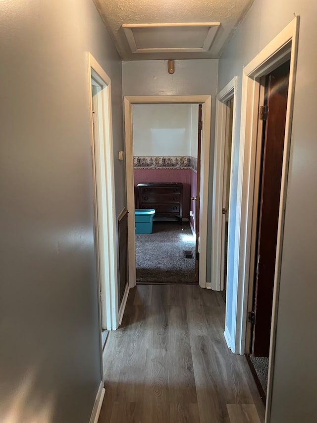 corridor featuring dark wood-type flooring and a textured ceiling