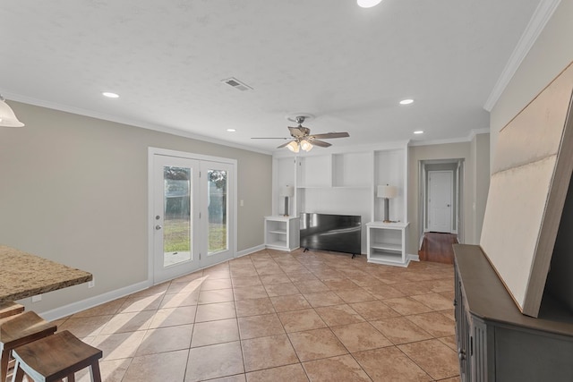 unfurnished living room featuring light tile patterned floors, ornamental molding, and ceiling fan