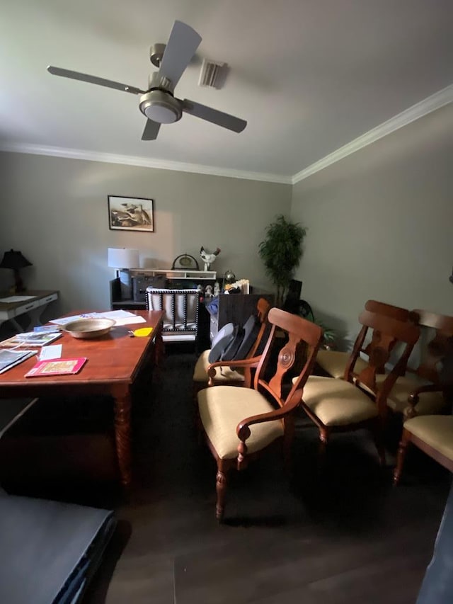 home office with ceiling fan and ornamental molding