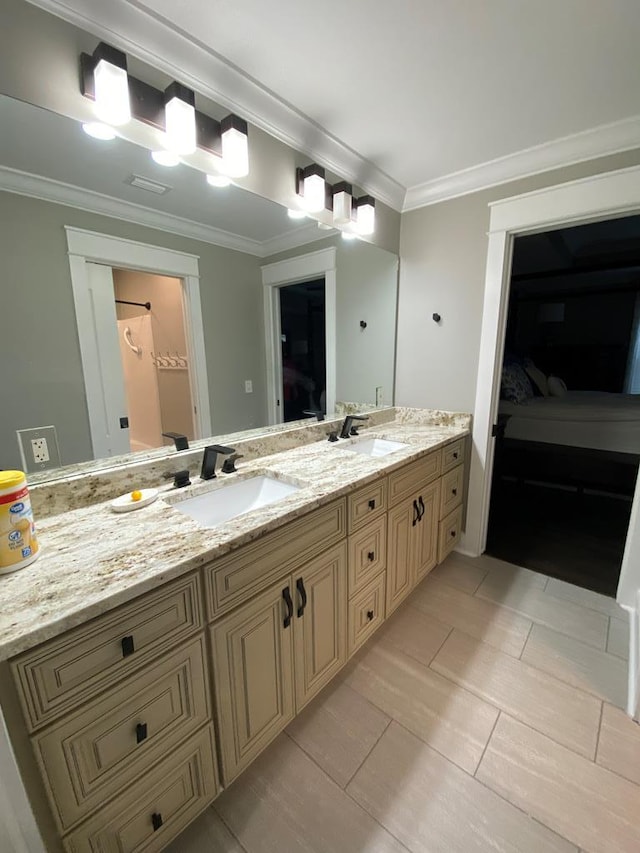 bathroom featuring crown molding and vanity