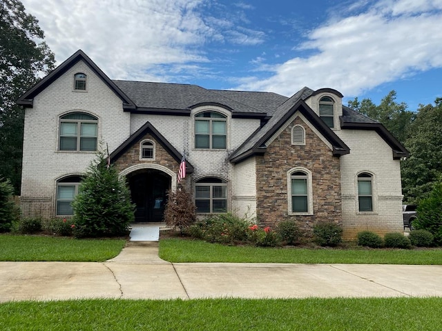 french country home with a front lawn