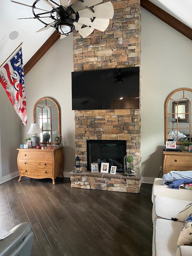 living room featuring ceiling fan, beamed ceiling, high vaulted ceiling, and dark wood-type flooring