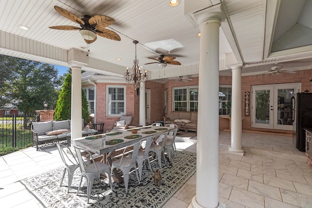 view of patio / terrace with outdoor lounge area, french doors, outdoor dining space, and ceiling fan