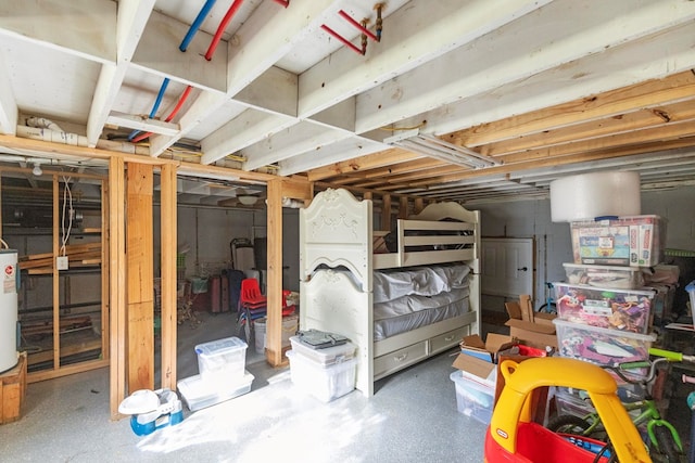unfinished below grade area featuring water heater