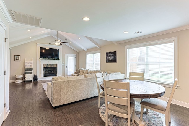 120 Puent Dr, Dothan, AL 36301 - living room with a fireplace with raised hearth, baseboards, ceiling fan, dark wood-style flooring, and recessed lighting