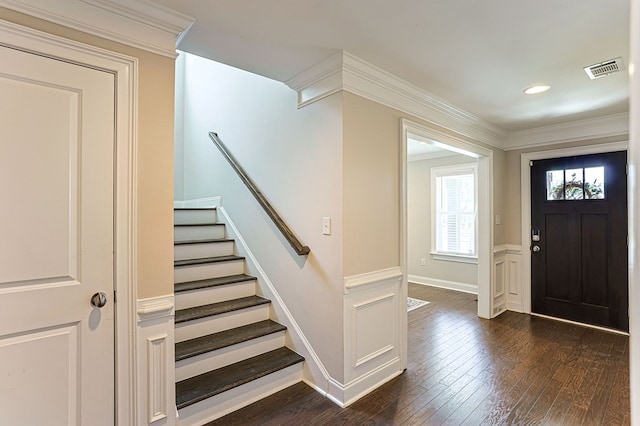 120 Puent Dr, Dothan, AL 36301 - entryway featuring stairway, dark wood-style floors, crown molding, and baseboards