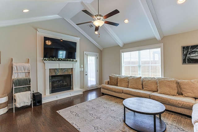 120 Puent Dr, Dothan, AL 36301 - living room featuring ceiling fan, a fireplace, wood finished floors, and recessed lighting