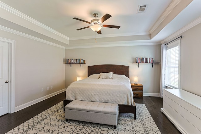 120 Puent Dr, Dothan, AL 36301 - bedroom with a tray ceiling, wood finished floors, baseboards, crown molding, and ceiling fan