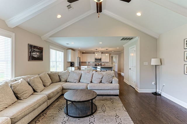 120 Puent Dr, Dothan, AL 36301 - living area with ceiling fan, dark wood-style flooring, recessed lighting, baseboards, and ornamental molding