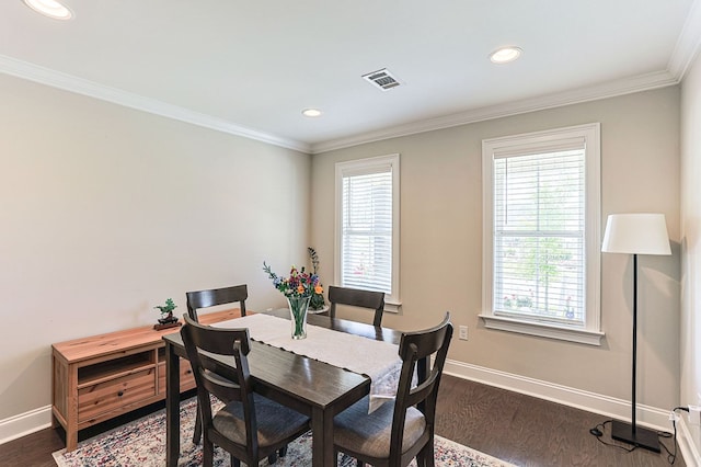 120 Puent Dr, Dothan, AL 36301 - dining room featuring healthy amount of natural light, baseboards, crown molding, recessed lighting, and dark wood-style flooring