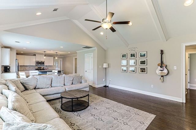 120 Puent Dr, Dothan, AL 36301 - living area featuring dark wood-type flooring, ceiling fan, baseboards, beamed ceiling, and high vaulted ceiling
