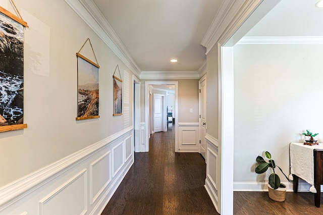 120 Puent Dr, Dothan, AL 36301 - hall with a decorative wall, crown molding, dark wood finished floors, and a wainscoted wall