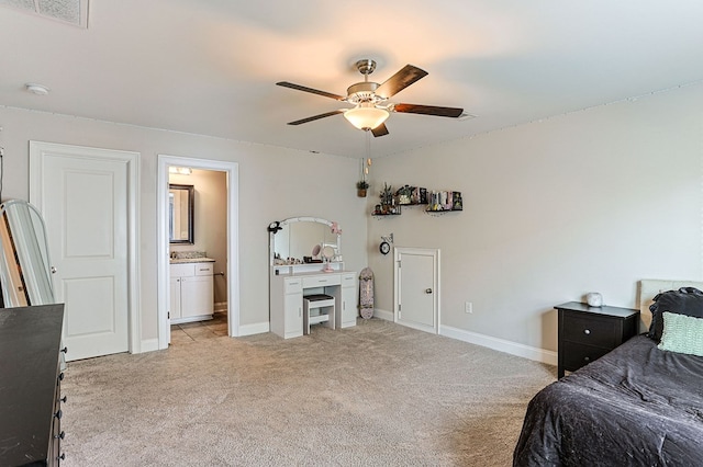 120 Puent Dr, Dothan, AL 36301 - bedroom featuring light colored carpet, baseboards, a ceiling fan, and connected bathroom