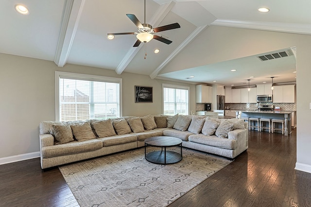 120 Puent Dr, Dothan, AL 36301 - living room with dark wood-style floors, ceiling fan, baseboards, and recessed lighting